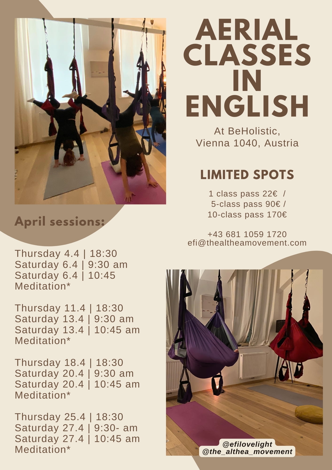 Flyer of upcoming aerial yoga workshops in English in Vienna in April